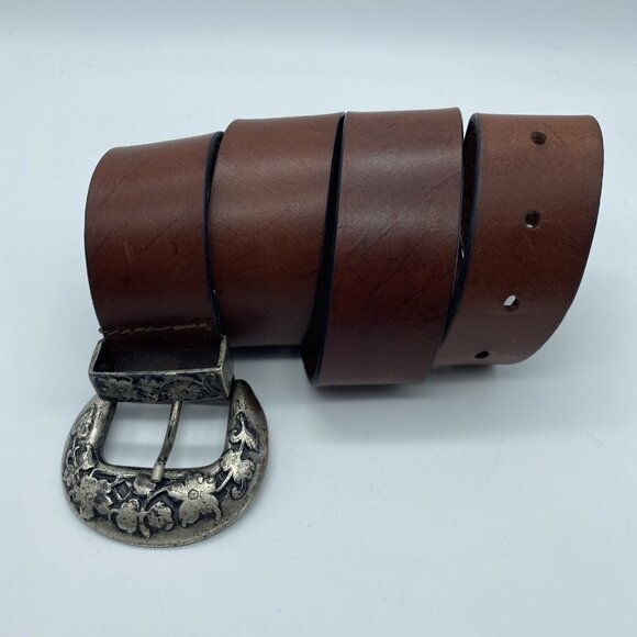 Brown Genuine Leather Belt Women's Size M Floral Buckle and Tab Argentina - Picture 1 of 16